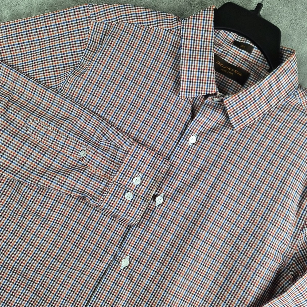 Fairlane & Sons Shirt Mens Large Short Red‎ White Blue Gingham Check Slim Fit